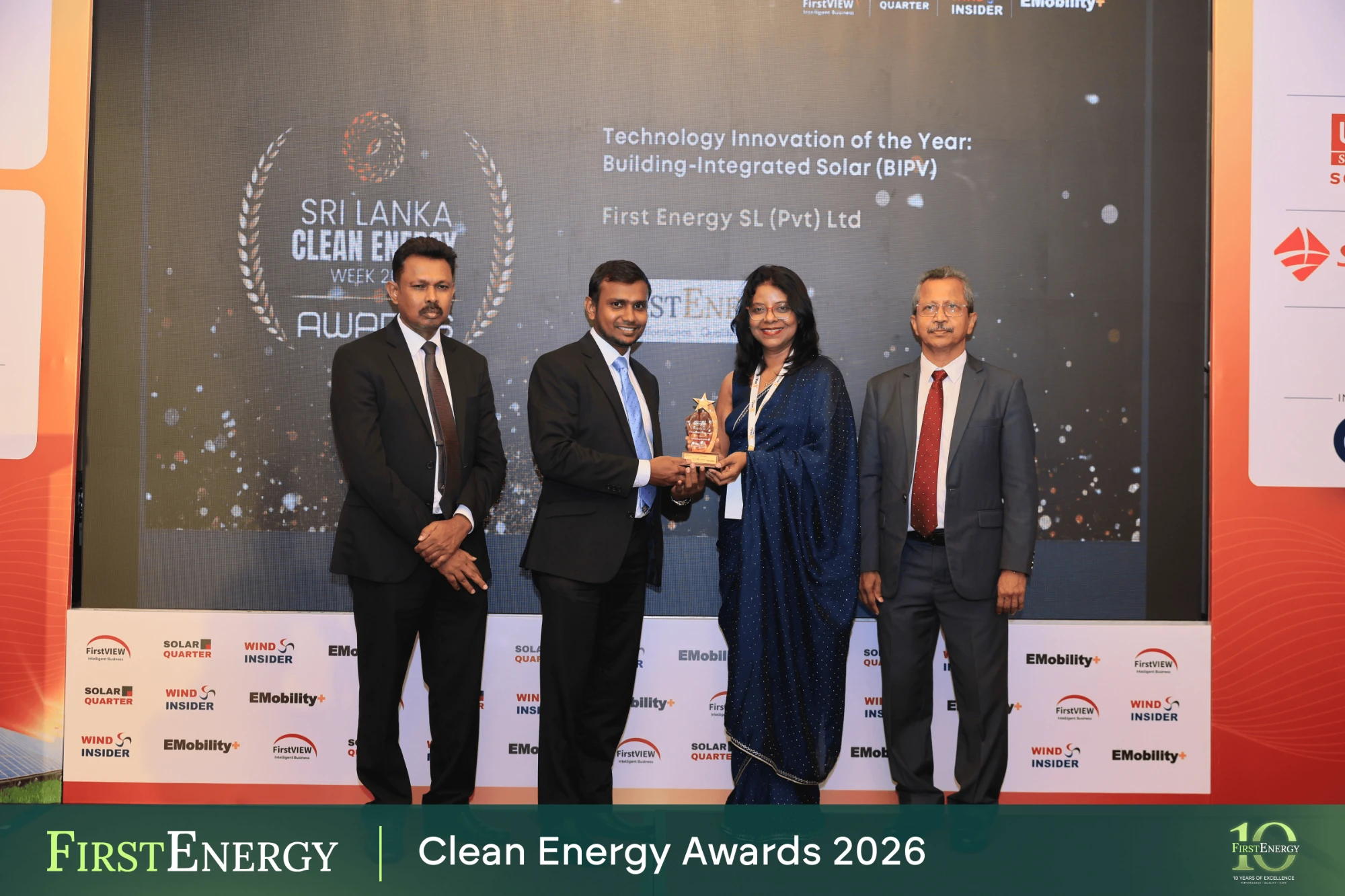 First Energy receiving the Technology Innovation of the Year: Building-Integrated Solar (BIPV) award at Sri Lanka Clean Energy Week 2026
