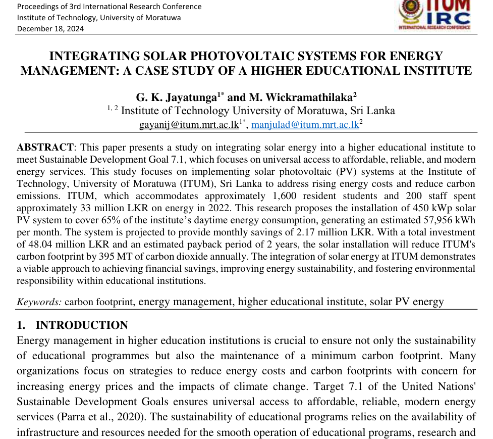 First page of the ITUM research paper on integrating solar PV systems at a higher educational institute
