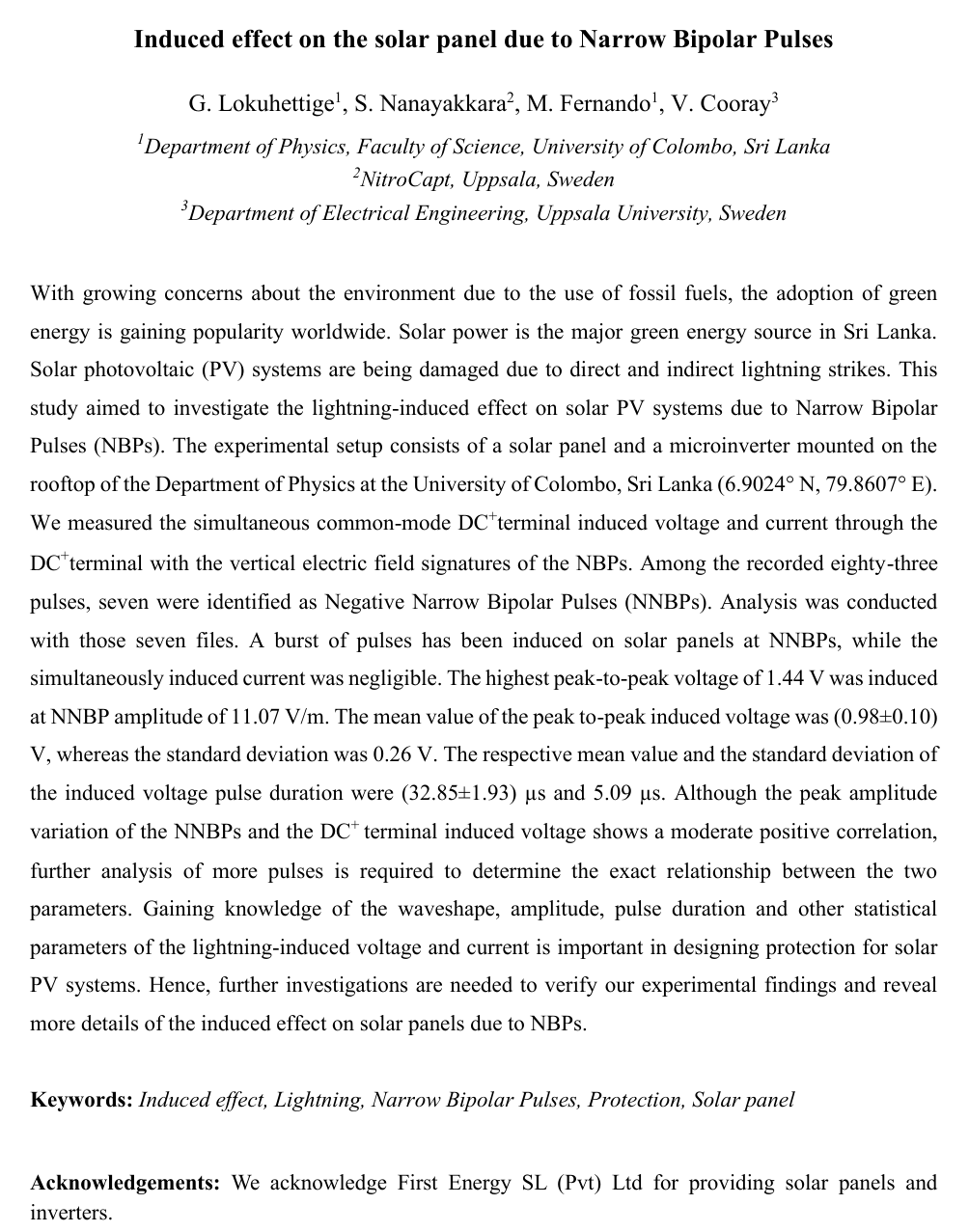 Abstract of the University of Colombo study on lightning induced effects on solar panels, acknowledging First Energy