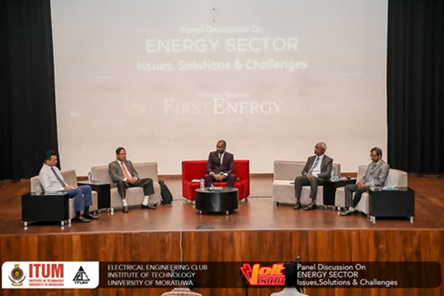 Panelists on stage at the Voltvision 2024 energy sector panel discussion at ITUM, University of Moratuwa